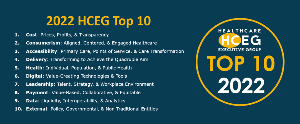 Evolution of Healthcare Priorities. 2022 HCEG Top 10. Leaders, executives. Predictions. Core Foundational Challenges, issues, opportunities.