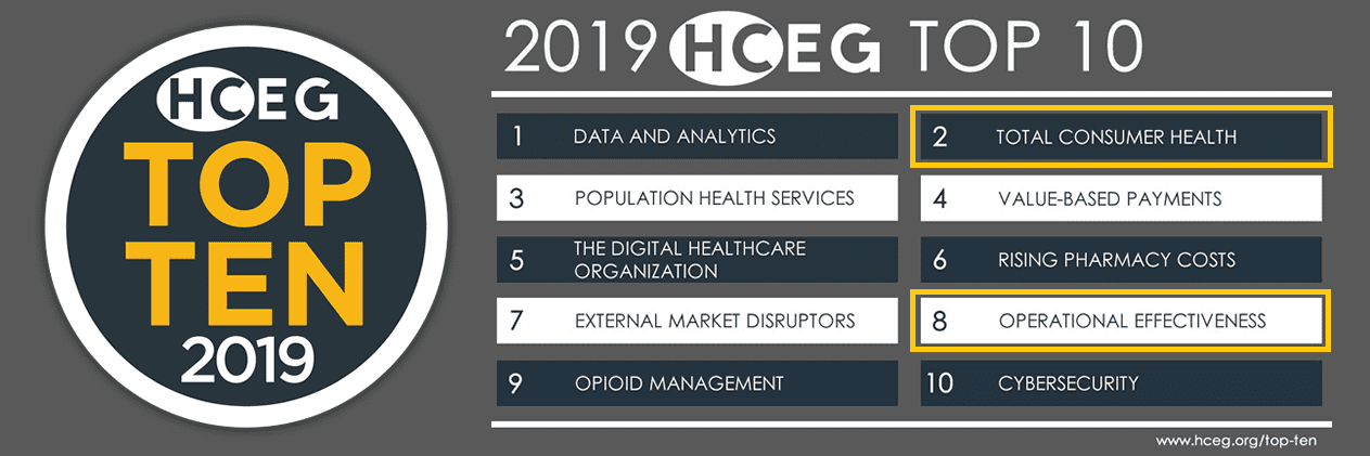 healthcare executive group, HCEG Top 10, Challenges, Issues, Opportunities facing healthcare leadership. Innovation and disruption. Data & Analytics, Total Consumer Health, Population Health Services, Value-based Payments, The Digital Healthcare Organization, Rising Pharmacy Costs, External Market Disruption, Operational Effectiveness, Opioid Management, Cybersecurity